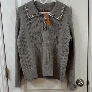 NWT Belldini Pearl and Rhinestone Grey Gray Sweater Top Bling